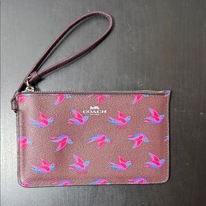 Coach Brown Wristlet with Pink and Blue Bird Design